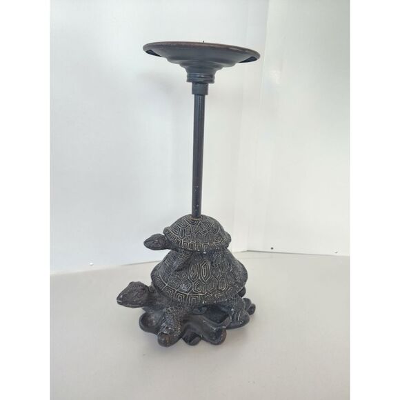 Heavy Metal 2 Turtles Stacked Candle Holder Detailed ~ 10" x 10" x4" Dark Bronze - Picture 3 of 10